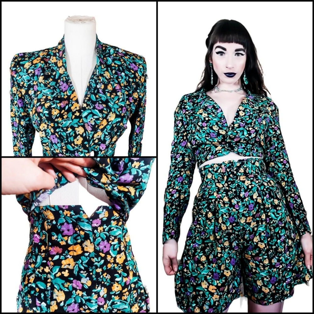 Vintage 1990s Rampage Two Piece Dark Floral Matching Blazer Shorts Co-Ord Set
